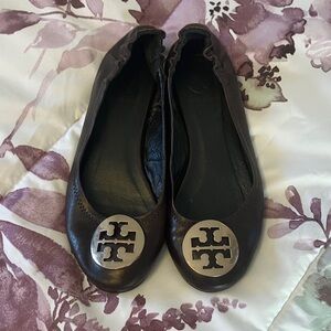 Tory Burch Dark Brown Flats with Silver Logo
